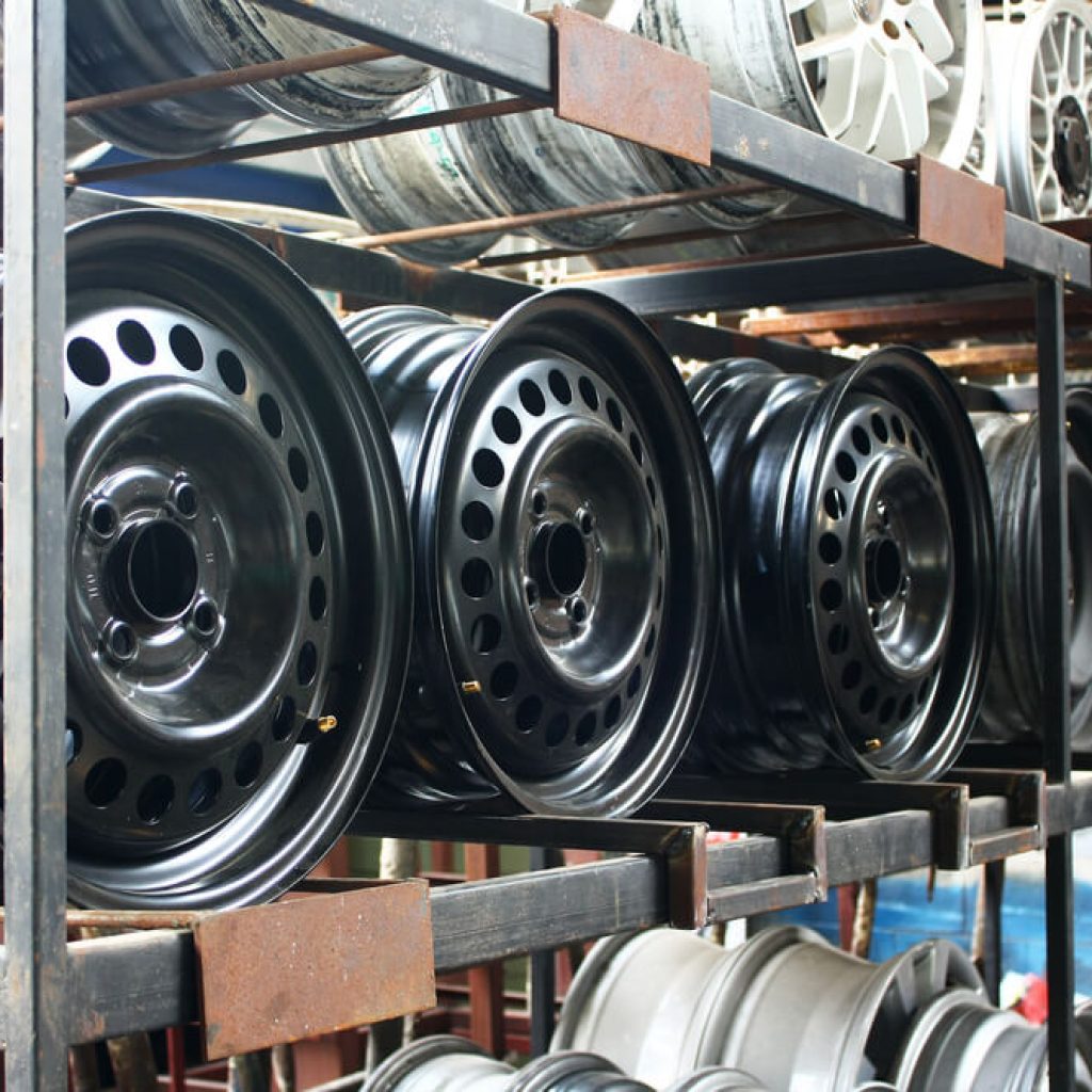 steel wheels in a garage