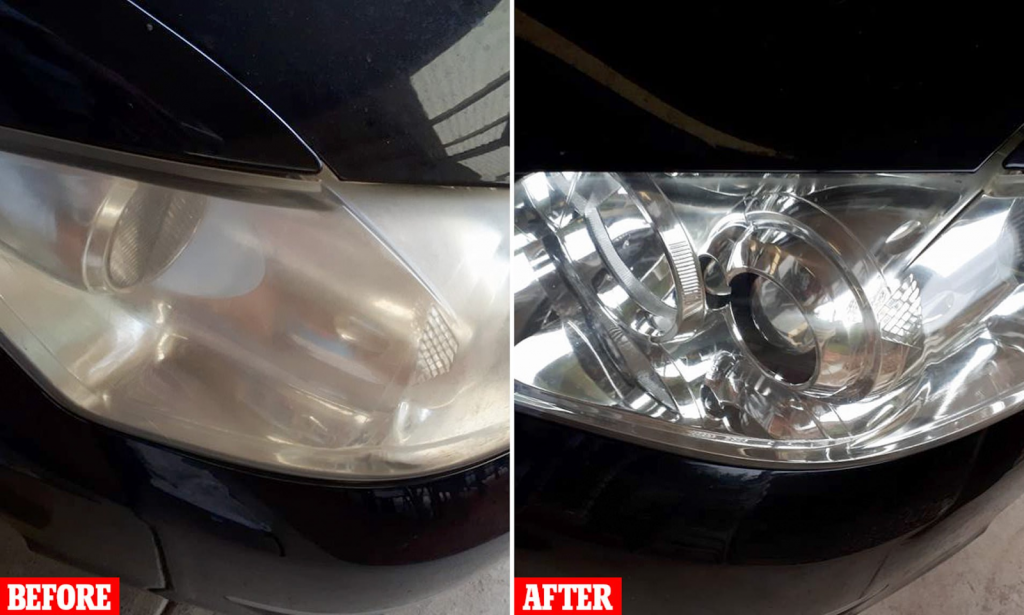 Before and after of cloudy headlights versus clean headlights