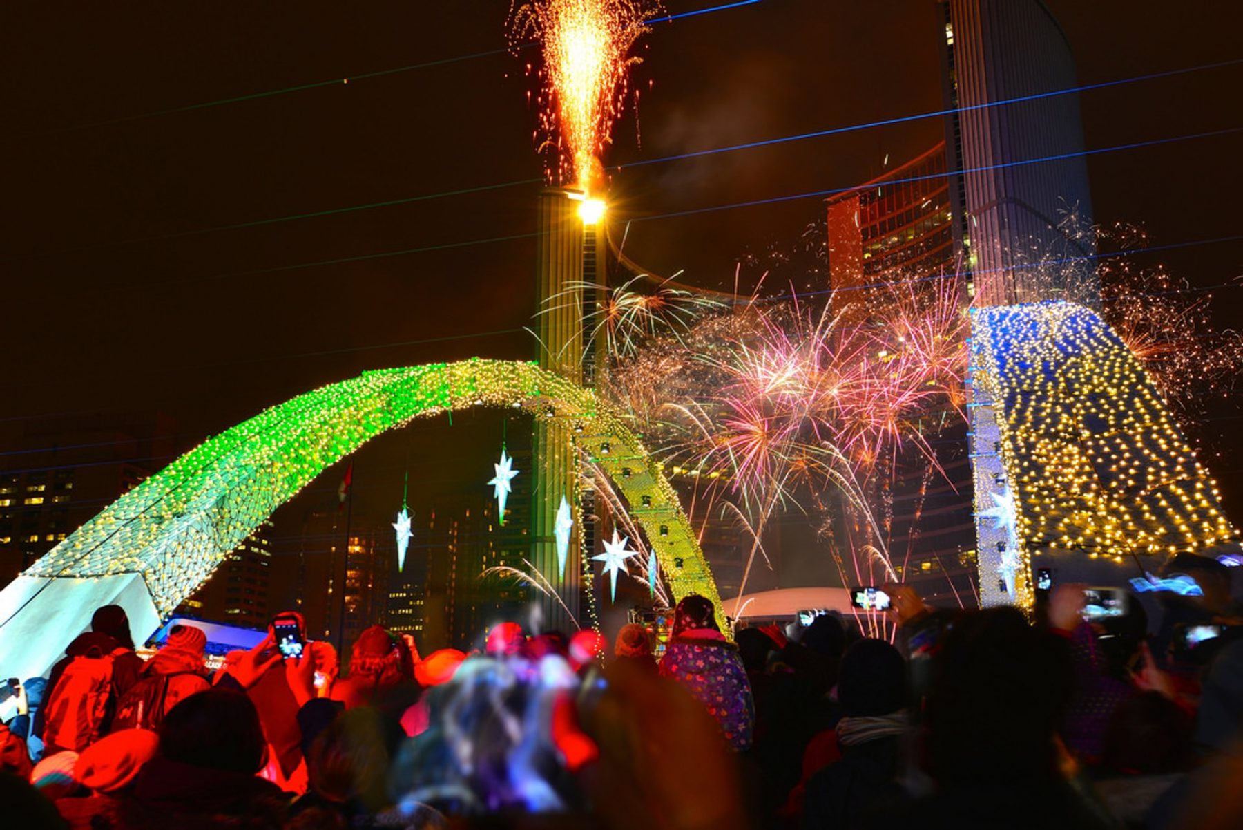 Fireworks at Nathan Phillips Square during the Cavalcade of Lights